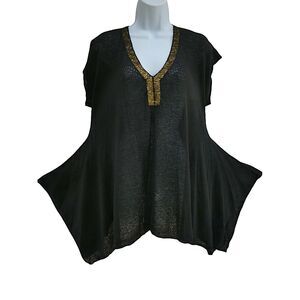LiNeN SiLK M.O.L. Knits Black Tunic Gold V-Neck Trim Sharkbite Hem Quality L